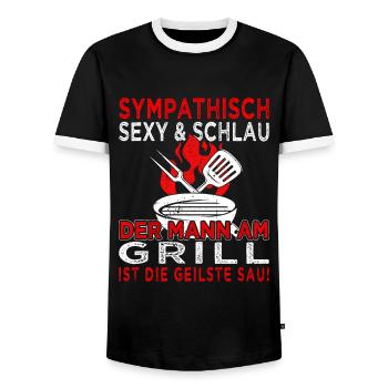 Der Mann am Grill - Fleisch - Grillen - Steak - Männer Kontrast-T-Shirt - Schwarz/Weiß - Vorne - AI Model Female 172 light (172cm) & AI Model Male 178 light (178cm)