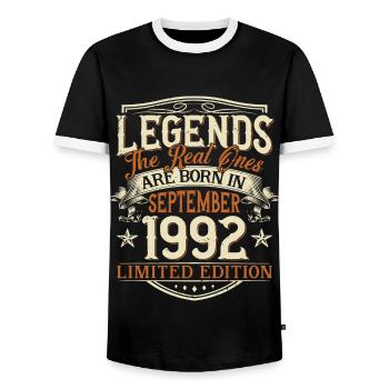 September 1992 Born Birthday - Men's Ringer Shirt - black/white - Front - AI Model Female 172 light (172cm) & AI Model Male 178 light (178cm)