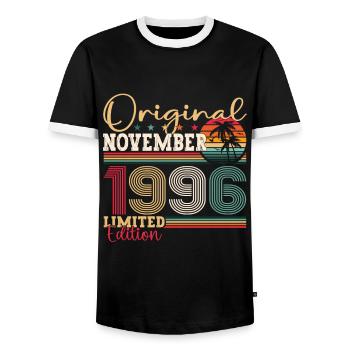 Original November 1996 26th Birthday Gift - Men's Ringer Shirt - black/white - Front - AI Model Female 172 light (172cm) & AI Model Male 178 light (178cm)