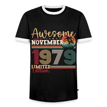 Original November 1979 43rd Birthday Gift - Men's Ringer Shirt - black/white - Front - AI Model Female 172 light (172cm) & AI Model Male 178 light (178cm)