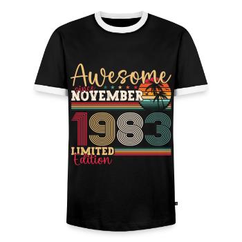 Original November 1983 39th Birthday Gift - Men's Ringer Shirt - black/white - Front - AI Model Female 172 light (172cm) & AI Model Male 178 light (178cm)
