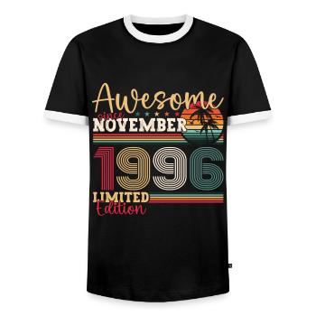 Original November 1996 26th Birthday Gift - Men's Ringer Shirt - black/white - Front - AI Model Female 172 light (172cm) & AI Model Male 178 light (178cm)