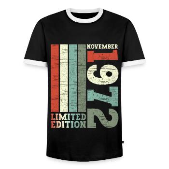 November born 1972 50th birthday present - Men's Ringer Shirt - black/white - Front - AI Model Female 172 light (172cm) & AI Model Male 178 light (178cm)