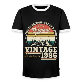 Original November 1986 36th Birthday Gift - Men's Ringer Shirt - black/white - Front - AI Model Female 172 light (172cm) & AI Model Male 178 light (178cm)