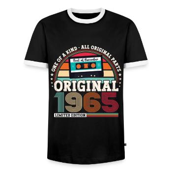 November Born 1965 57th birthday gift - Men's Ringer Shirt - black/white - Front - AI Model Female 172 light (172cm) & AI Model Male 178 light (178cm)