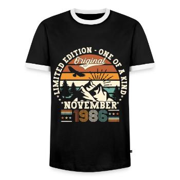 Original November 1986 36th Birthday Gift - Men's Ringer Shirt - black/white - Front - AI Model Female 172 light (172cm) & AI Model Male 178 light (178cm)