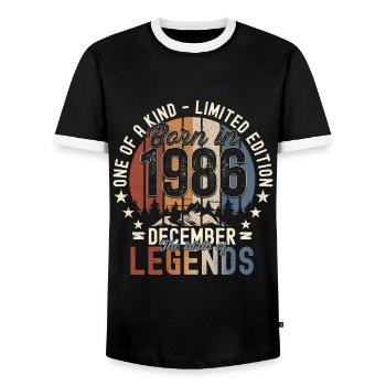 Original December 1986 36th Birthday Gift - Men's Ringer Shirt - black/white - Front - AI Model Female 172 light (172cm) & AI Model Male 178 light (178cm)
