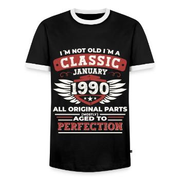 Né le 33 janvier 1990 Homme cadeau - T-shirt contrasté Homme - noir/blanc - Devant - AI Model Female 172 light (172cm) & AI Model Male 178 light (178cm)