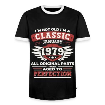 Born 1979 January 44th birthday Gift man - Men's Ringer Shirt - black/white - Front - AI Model Female 172 light (172cm) & AI Model Male 178 light (178cm)