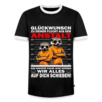 Glückwunsch zur Flucht aus der Anstalt Jobwechsel - Männer Kontrast-T-Shirt - Schwarz/Weiß - Vorne - AI Model Female 172 light (172cm) & AI Model Male 178 light (178cm)
