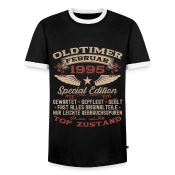 Oldtimer Februar Jahrgang 1995 Mann 28. Geburtstag - Männer Kontrast-T-Shirt - Schwarz/Weiß - Vorne - AI Model Female 172 light (172cm) & AI Model Male 178 light (178cm)