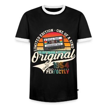 69th birthday man April Born 1954 Cassette - Men's Ringer Shirt - black/white - Front - AI Model Female 172 light (172cm) & AI Model Male 178 light (178cm)