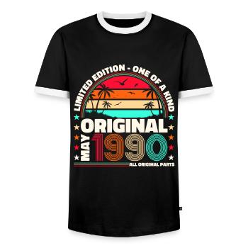 33rd Birthday Man April Vintage 1990 Cassette - Men's Ringer Shirt - black/white - Front - AI Model Female 172 light (172cm) & AI Model Male 178 light (178cm)
