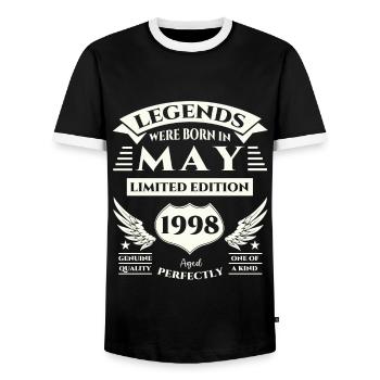 25th Birthday Man Legendary May Vintage 1998 - Men's Ringer Shirt - black/white - Front - AI Model Female 172 light (172cm) & AI Model Male 178 light (178cm)
