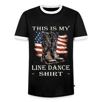 Ceci est ma chemise de danse en ligne | Lindance - T-shirt contrasté Homme - noir/blanc - Devant - AI Model Female 172 light (172cm) & AI Model Male 178 light (178cm)