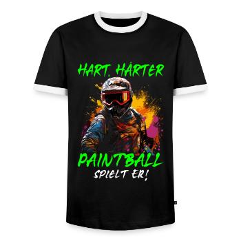 Hart Härter Paintball spielt er | Paintballspieler - Männer Kontrast-T-Shirt - Schwarz/Weiß - Vorne - AI Model Female 172 light (172cm) & AI Model Male 178 light (178cm)