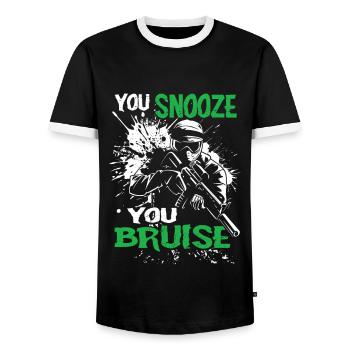 Paintball Saying You Snooze You Bruise | Paintball - Men's Ringer Shirt - black/white - Front - AI Model Female 172 light (172cm) & AI Model Male 178 light (178cm)
