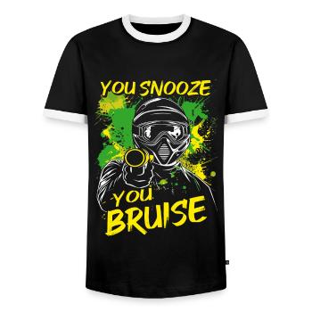 Paintball Saying You Snooze You Bruise | Paintball - Men's Ringer Shirt - black/white - Front - AI Model Female 172 light (172cm) & AI Model Male 178 light (178cm)