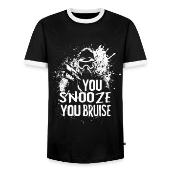 Paintball Saying You Snooze You Bruise | Paintball - Men's Ringer Shirt - black/white - Front - AI Model Female 172 light (172cm) & AI Model Male 178 light (178cm)
