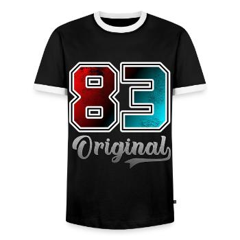 83 Original - 1983 - 40 Years Birthday - Men's Ringer Shirt - black/white - Front - AI Model Female 172 light (172cm) & AI Model Male 178 light (178cm)