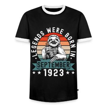 Legends Were Born In September 1923 Faultier Sloth - Men's Ringer Shirt - black/white - Front - AI Model Female 172 light (172cm) & AI Model Male 178 light (178cm)
