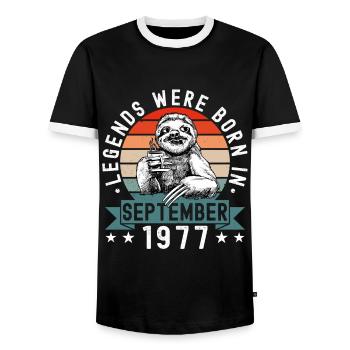 Legends Were Born In September 1977 Faultier Sloth - Men's Ringer Shirt - black/white - Front - AI Model Female 172 light (172cm) & AI Model Male 178 light (178cm)