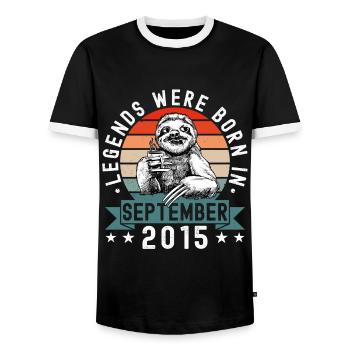 Les légendes sont nées en septembre 2015 paresseux défectueux - T-shirt contrasté Homme - noir/blanc - Devant - AI Model Female 172 light (172cm) & AI Model Male 178 light (178cm)