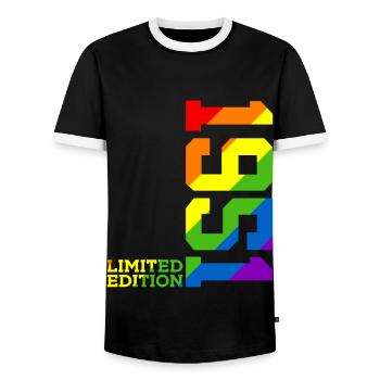 LGBTQ 1951 RAINBOW QUEER 75TH BIRTHDAY PRIDE - Men's Ringer Shirt - black/white - Front - AI Model Female 172 light (172cm) & AI Model Male 178 light (178cm)