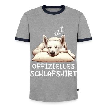 Offizielles Schlafshirt Weißer Schäferhund - Männer Kontrast-T-Shirt - Grau/Navy  - Vorne - AI Model Female 172 light (172cm) & AI Model Male 178 light (178cm)