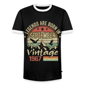 September 1967 Birthday Gift September 1967 - Men's Ringer Shirt - black/white - Front - AI Model Female 172 light (172cm) & AI Model Male 178 light (178cm)