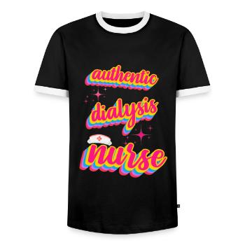 Authentic Dialysis Nurse Retro Style - Men's Ringer Shirt - black/white - Front - AI Model Female 172 light (172cm) & AI Model Male 178 light (178cm)