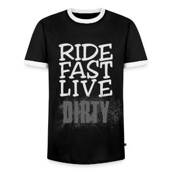 RIDE FAST LIVE DIRTY – Mountain Bike - Motocross - Men's Ringer Shirt - black/white - Front - AI Model Female 172 light (172cm) & AI Model Male 178 light (178cm)