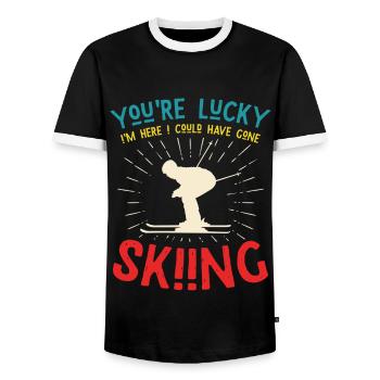 You're lucky skiing - skier saying - Men's Ringer Shirt - black/white - Front - AI Model Female 172 light (172cm) & AI Model Male 178 light (178cm)