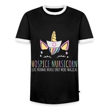 Infirmière autorisée en soins palliatifs - T-shirt contrasté Homme - noir/blanc - Devant - AI Model Female 172 light (172cm) & AI Model Male 178 light (178cm)