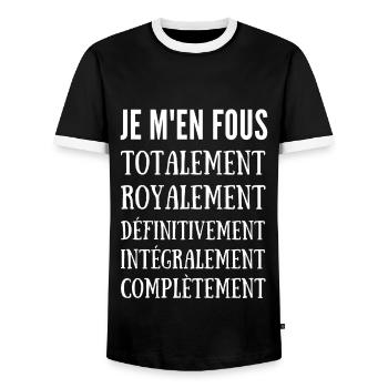 je m en fous totalement royalement complètement - T-shirt contrasté Homme - noir/blanc - Devant - AI Model Female 172 light (172cm) & AI Model Male 178 light (178cm)