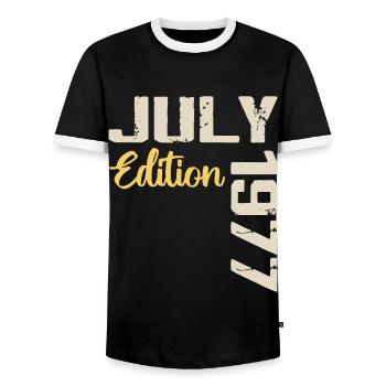 Juillet 1977 Chemise D’anniversaire Juillet 1977 - T-shirt contrasté Homme - noir/blanc - Devant - AI Model Female 172 light (172cm) & AI Model Male 178 light (178cm)