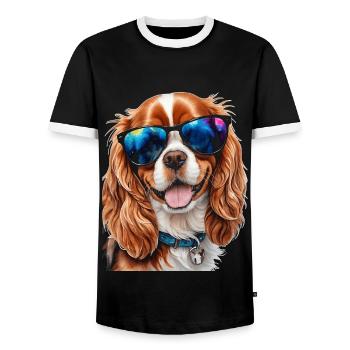 Cavalier King Charles Spaniel Sunglasses Dog - Men's Ringer Shirt - black/white - Front - AI Model Female 172 light (172cm) & AI Model Male 178 light (178cm)