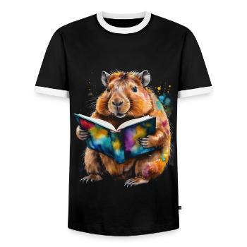 Capybara Reading Book Capy Colorful Animal Design Print - Men's Ringer Shirt - black/white - Front - AI Model Female 172 light (172cm) & AI Model Male 178 light (178cm)