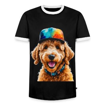 Goldendoodle Snapback Cap Dog Animal Design Print - Men's Ringer Shirt - black/white - Front - AI Model Female 172 light (172cm) & AI Model Male 178 light (178cm)