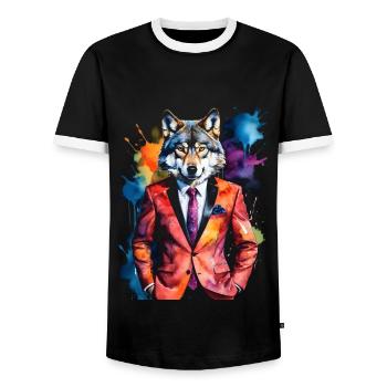 Costume de loup Imprimé coloré de conception d’animaux - T-shirt contrasté Homme - noir/blanc - Devant - AI Model Female 172 light (172cm) & AI Model Male 178 light (178cm)