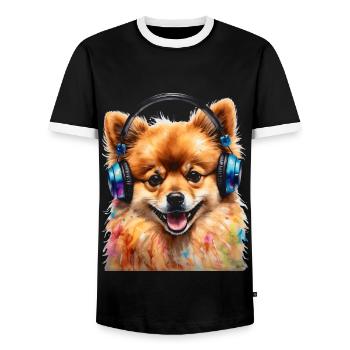 Pomeranian Pomeranian Headphones Dog Print - Men's Ringer Shirt - black/white - Front - AI Model Female 172 light (172cm) & AI Model Male 178 light (178cm)