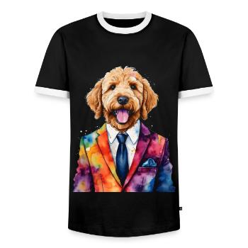 Goldendoodle Suit Dog Animal Design Print - Men's Ringer Shirt - black/white - Front - AI Model Female 172 light (172cm) & AI Model Male 178 light (178cm)