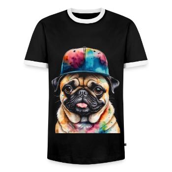 Pug Snapback Cap Dog Colorful Funny Design Print - Men's Ringer Shirt - black/white - Front - AI Model Female 172 light (172cm) & AI Model Male 178 light (178cm)