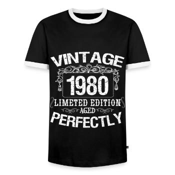 1980 Limited Edition | Jahrgang 1980 perfekt gereift - Männer Kontrast-T-Shirt - Schwarz/Weiß - Vorne - AI Model Female 172 light (172cm) & AI Model Male 178 light (178cm)