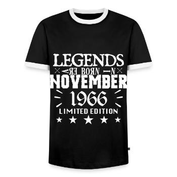 November 1966 | Birthday 1966 Legends are Born - Men's Ringer Shirt - black/white - Front - AI Model Female 172 light (172cm) & AI Model Male 178 light (178cm)