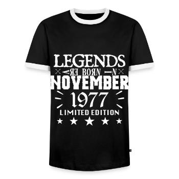 November 1977 | Geburtstag 1977 Legenden sind geboren - Männer Kontrast-T-Shirt - Schwarz/Weiß - Vorne - AI Model Female 172 light (172cm) & AI Model Male 178 light (178cm)
