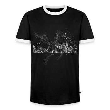 Aachen Germany City Skyline Grunge Splash - Men's Ringer Shirt - black/white - Front - AI Model Female 172 light (172cm) & AI Model Male 178 light (178cm)