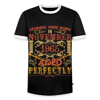 November 1965 - Geburtstag 1965 wurden Legenden geboren. - Männer Kontrast-T-Shirt - Schwarz/Weiß - Vorne - AI Model Female 172 light (172cm) & AI Model Male 178 light (178cm)