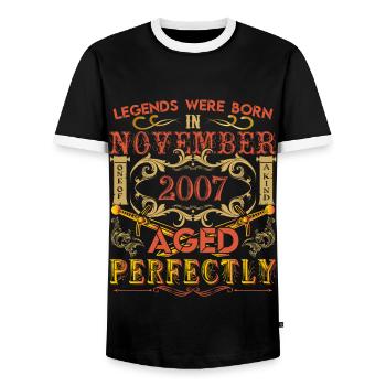 November 2007 - Geburtstag 2007 wurden Legenden geboren. - Männer Kontrast-T-Shirt - Schwarz/Weiß - Vorne - AI Model Female 172 light (172cm) & AI Model Male 178 light (178cm)