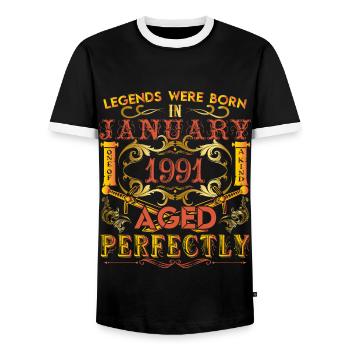 Januar 1991 - Geburtstag 1991 wurden Legenden geboren. - Männer Kontrast-T-Shirt - Schwarz/Weiß - Vorne - AI Model Female 172 light (172cm) & AI Model Male 178 light (178cm)